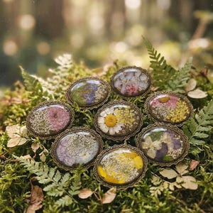 Pu&ograve; includere: Ciondoli ovali in resina con fiori secchi in montature color bronzo. I ciondoli presentano varie composizioni floreali nei toni del rosa, giallo, bianco e viola. La parola "SEEDAY" &egrave; visibile. I ciondoli sono disposti su un letto di muschio e felci.