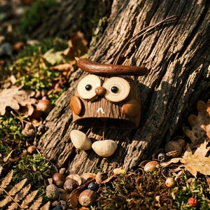 May include: A whimsical wooden owl figurine with a hat and acorn feet, resting against a tree trunk. The owl has large, round eyes and is surrounded by acorns, leaves, and moss. A charming, handcrafted woodland decoration.