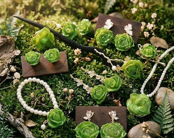 Moss Green Flower Set Preserved Rose Necklace Pearl Bracelet Olive Earring Emerald Brooch Sage Whimsical Hairpin Forest Fairy Gift
