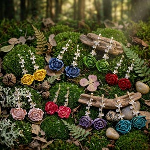 Long Chandelier Rose Earrings Jeweled Vine Dangle Real Preserved Flower Prom Jewelry Dramatic Evening Bohemian Statement Drop