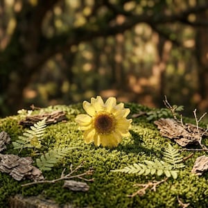 May include: A single yellow flower with a dark brown centre, positioned centrally on a patch of vibrant green moss. The scene includes scattered pieces of textured tree bark and delicate green fern fronds surrounding the flower.