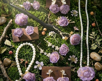 Real Purple Rose Jewelry Set Preserved Violet Flower Necklace Elegant Resin Ring Amethyst Botanical Brooch Whimsical Velvet Accessory
