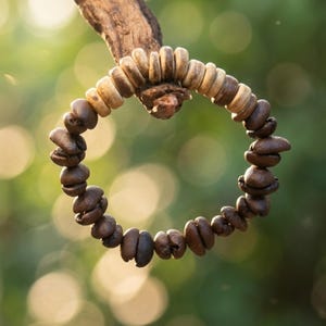 May include: A circular decorative piece made of coffee beans and small wooden beads, attached to a wooden branch. The coffee beans are dark brown, and the beads are light brown. The background is a blurred green.