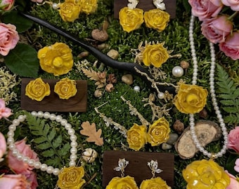 Real Yellow Rose Jewelry Set Preserved Flower Resin Ring Bright Blossom Necklace Cottagecore Bridal Gift Leaf Brooch Whimsical Accessory