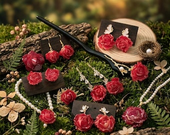 Scarlet Flower Jewelry Eternal Rose Pendant Beaded Pearl Bracelet Burgundy Ear Drop Whimsical Wedding Hairpiece Handmade Gift For Wife