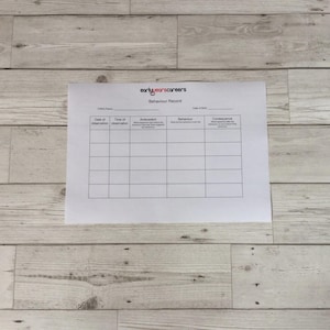 May include: A white A4 paper titled "Behaviour Record" with the "earlyyearscareers" logo. The paper features a table with columns for "Date of observation", "Time of observation", "Antecedent", "Behaviour", and "Consequence".