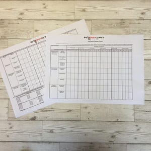 Peut inclure: Deux feuilles de papier blanches avec des lignes de grille et du texte noirs. La feuille supérieure porte le texte "early years score" en rouge. Les feuilles semblent être des outils de suivi des progrès, avec des sections pour différents domaines de développement et tranches d'âge.