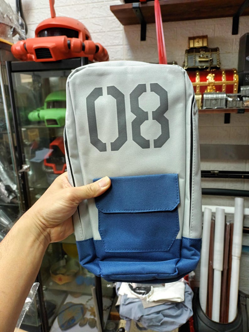 May include: A rectangular gray and blue backpack with the number "08" printed on the front. The backpack has a blue pocket and a black zipper. The bag is held by a person's hand.