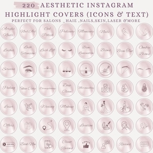 Può includere: Copertine in evidenza estetiche per Instagram in rosa tenue. L'immagine presenta 220 icone e testo per saloni, con categorie come unghie, pelle e trattamenti laser. Il testo include "Manicure", "Laminazione sopracciglia" e "Recensioni clienti".