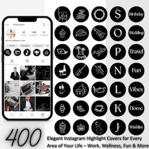 May include: Black and white Instagram highlight covers with various icons, including a cake, laptop, and airplane. The covers are arranged in a grid, with the word "Birthday", "Wedding", "Travel", "Fun", "Vibes", "Home", and "Wishlist" displayed. The image also shows a phone with the Planovart profile.