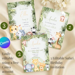 Invitation Safari d'anniversaire | Thème Animaux de la jungle | Modèles de toile modifiables | Téléchargement numérique | Invitation fête d'enfants | Lot de 3 cartes Safari