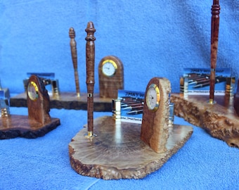 06DC Burl/Exotic Wood Desk Clock - Finial Pen & Holder - Business Card Holder