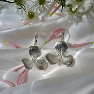 Silver Flower Earrings Handmade Long Hook Floral Earrings 925 Silver Statement Earrings for Women Bridesmaid Gift Wedding