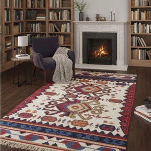Handwoven Wool Kilim Rug 4X6 Vintage Bohemian Tribal Rug, Durry, Geometric