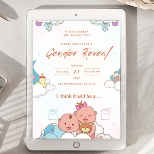 May include: A digital tablet displays a gender reveal invitation. The invitation features the text "Gender Reveal" and includes details like the date, time, and location. Cute baby illustrations and pastel colors decorate the invitation, with the words "Boy" and "Girl".