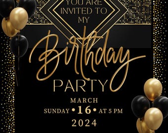 Invitación de cumpleaños en negro y dorado / Elegante invitación para fiesta de cumpleaños / Plantilla editable de Canva / Descarga digital