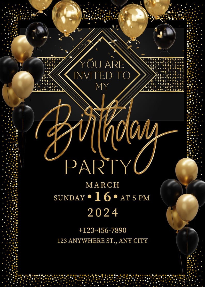 Black and Gold Birthday Invitation | Elegant Birthday Party Invite ...