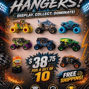 Pode incluir: Uma coleção de suportes para monster trucks em escala 1:24 com vários caminhões de brinquedo coloridos com pneus grandes. A imagem inclui o texto 1:24 SCALE MONSTER TRUCK HANGERS, DISPLAY, COLLECT, DOMINATE, $38.75 FOR A SET OF 10 e HANG IT. SHOW IT. OWN IT.