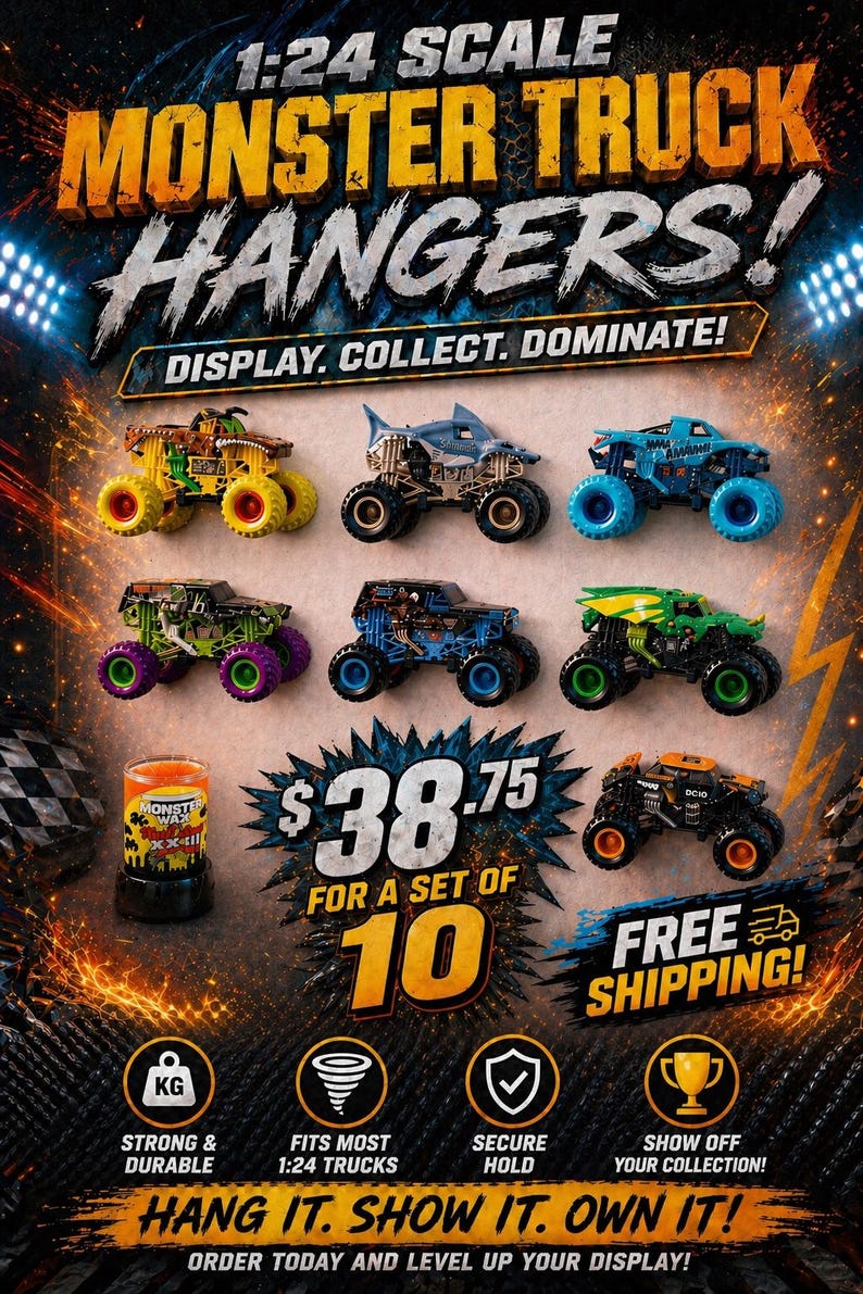 May include: A collection of 1:24 scale monster truck hangers featuring various colorful toy trucks with large tires. The display includes text such as 1:24 SCALE MONSTER TRUCK HANGERS, DISPLAY, COLLECT, DOMINATE, $38.75 FOR A SET OF 10, and HANG IT. SHOW IT. OWN IT.