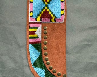 Handmade Brown Leather Beaded Knife Sheath – Western Gift for Him