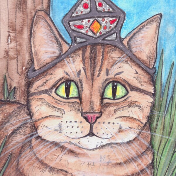 Cat art, brown tabby feline, big eyes, forest kitty cat, hand drawn, fantasy cat art