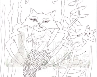 Mercat, Cat mermaid, Coloring page download, Mermaid, hand drawn, fantasy art, retro, 60s