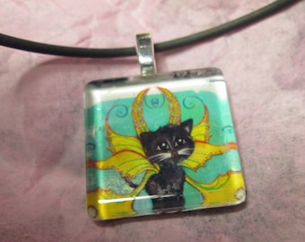 Black cat, Aqua and yellow, Caribbean colors, Tropical, Cat Fairy, Frixie named Blake, Black cat, Pixie, Fantasy art glass tile pendant