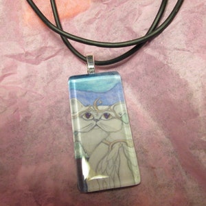 Persian, Angel, White winged grey cat, Fantasy art glass tile pendant, adorable cat, fancy, blue green grey colors image 1