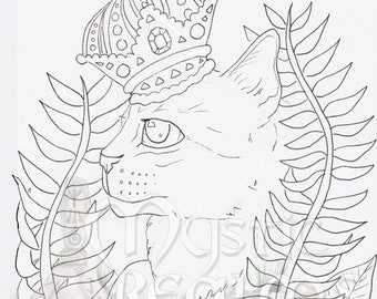 Crowned Tabby Cat, Coloring page download, fancy Cat art, big eyes, hand drawn, fantasy cat art, crown cat
