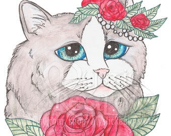 cat artwork, Siamese, long hair cat, cute cat, Angel Cat art, light grey feline, big eyes, roses