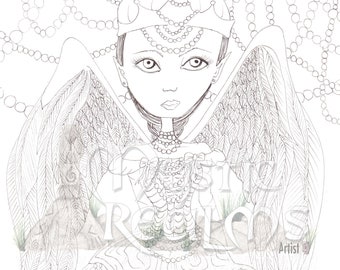 Gothic Angel, Coloring page download, Angel, hand drawn, fantasy art,