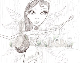 Hada del bosque, página para colorear, hada, dibujada a mano, arte fantástico, hada del bosque
