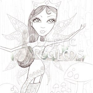 Woodland Fairy, Coloring page download, Faerie, hand drawn, fantasy art, forest fae