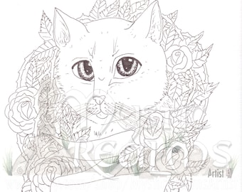 Adorable kitten, big eyes cat artwork, printable, Coloring page download, tattoo style, Cat art, big eyes, fantasy cat art, roses