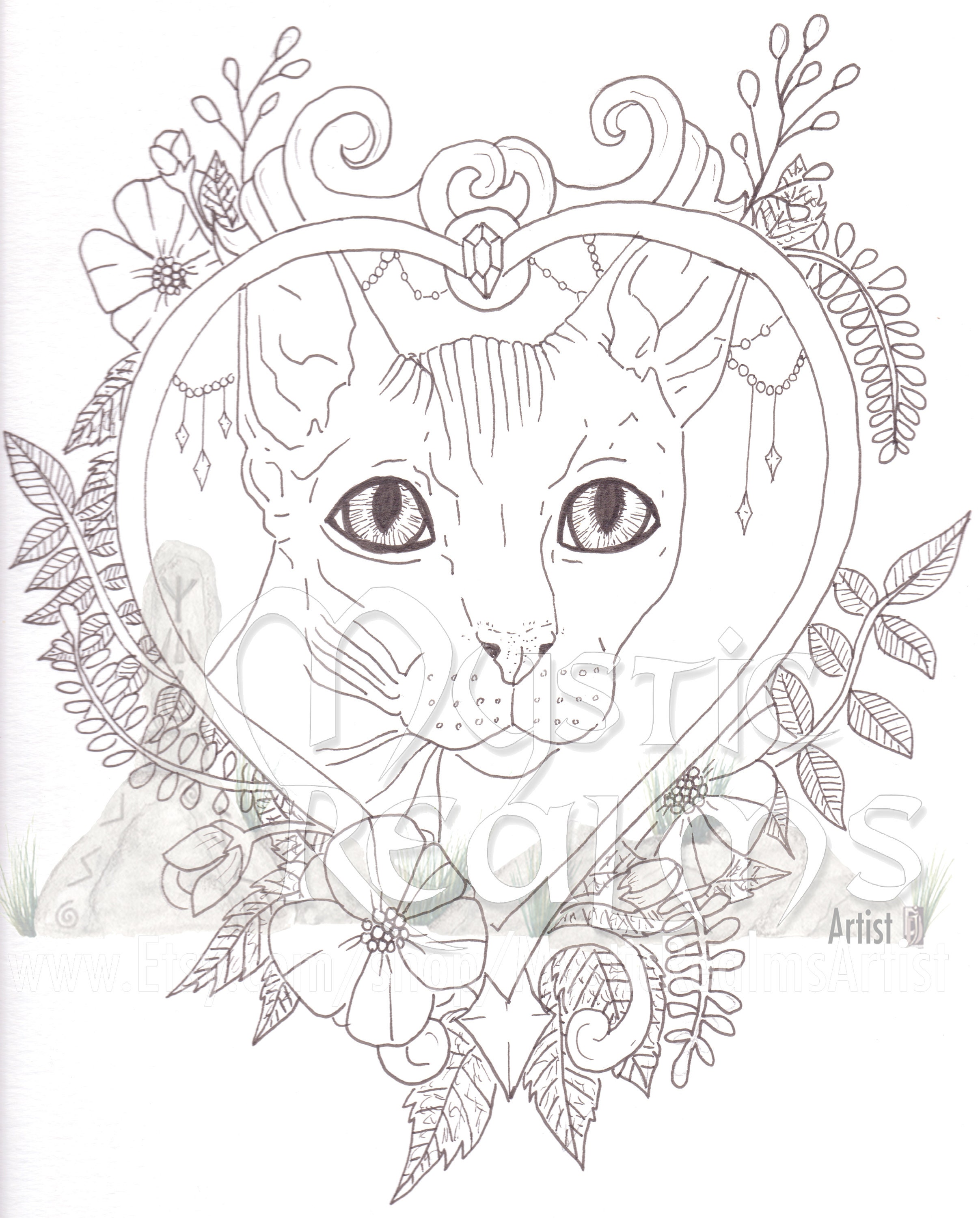 Hairless Sphinx Cat Coloring Page Download Retro Tattoo Art Etsy
