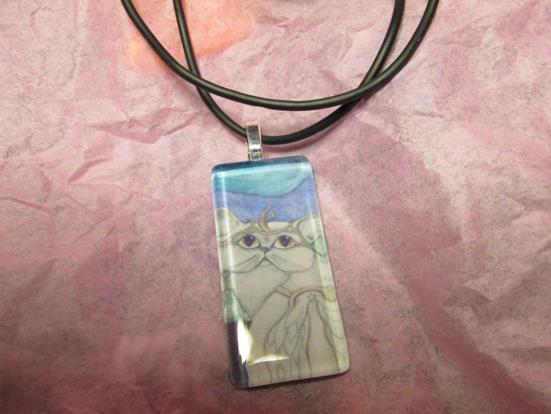 Persian, Angel, White winged grey cat, Fantasy art glass tile pendant, adorable cat, fancy, blue green grey colors image 1