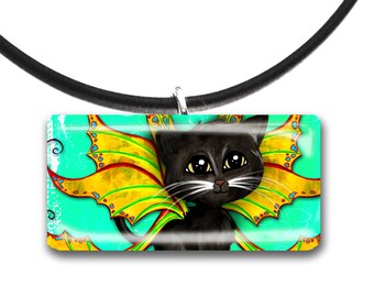 Aqua and yellow, Caribbean colors, Tropical kitty, Cat Fairy, Frixie named Blake, Black cat, Pixie, Fantasy art glass tile pendant