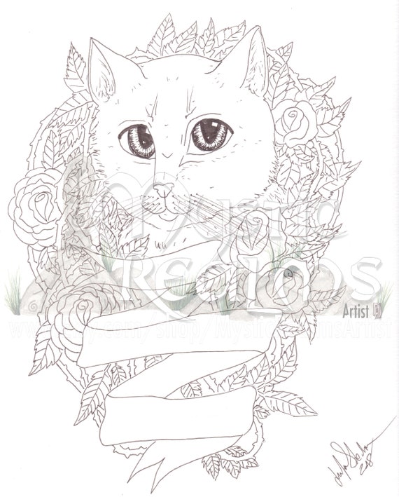 adorable kitten big eyes cat artwork printable coloring page download  tattoo style cat art big eyes fantasy cat art roses