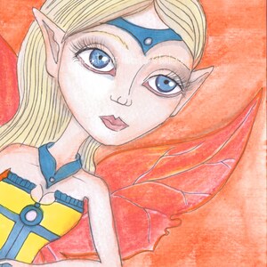 May include: Watercolor painting of a fairy with blonde hair, blue eyes, and pointed ears. She wears a blue headband and a yellow and blue dress. The fairy has red wings and is set against an orange background.