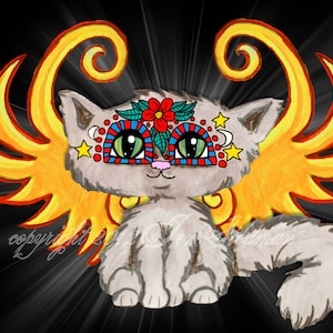 cat art, Angel, Day of the Dead, Cat fairy, winged kitten art, grey kitten pixie, Frixies by Jen, golden wings