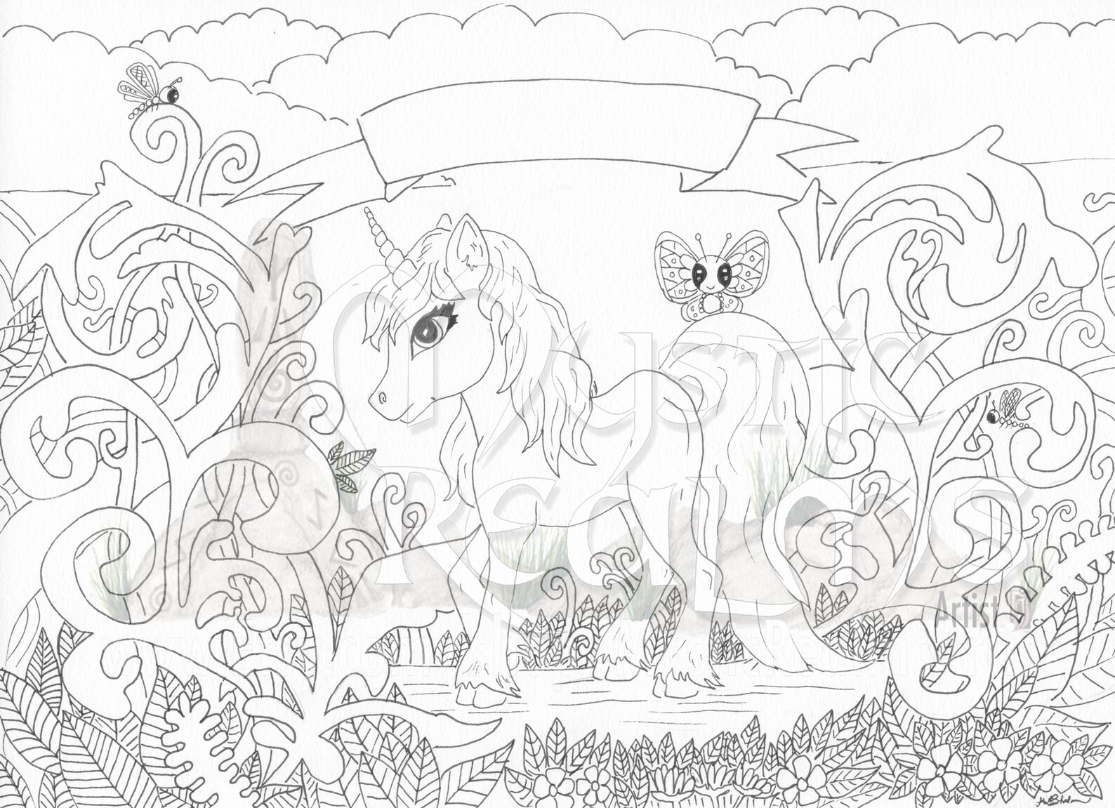 Butterflies and Unicorn Art Floral Art DIY Unicorn Coloring Etsy