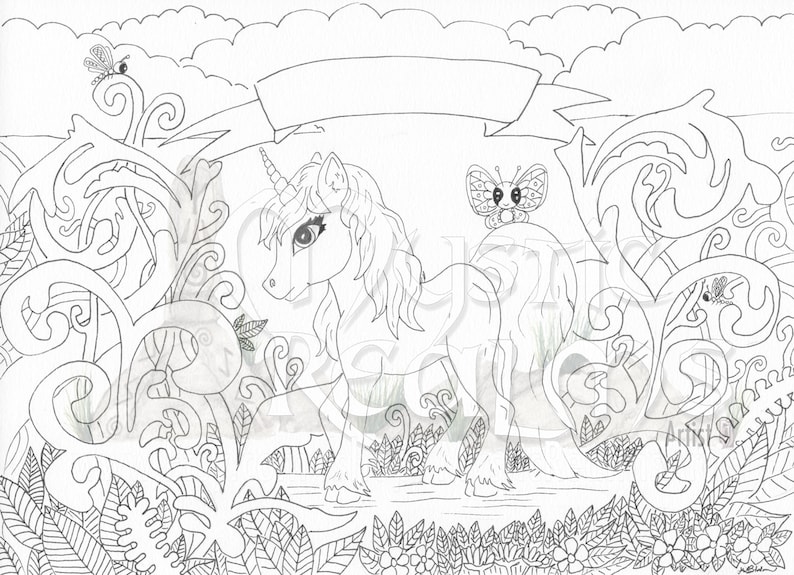 Butterflies and Unicorn art floral art DIY Unicorn coloring | Etsy