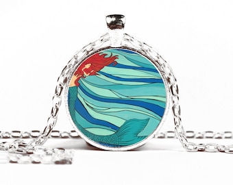 Mermaid art, Fantasy artwork, mermaid art, metal tray glass pendant, handmade, little mermaid, teals and blue, ocean, beach