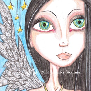 May include: A whimsical illustration of a woman with long black hair, large green eyes, and a feathered wing. She wears a gold cross necklace, and yellow stars hang against a blue background. Copyright 2014 Jennifer Stedman is written on the image.