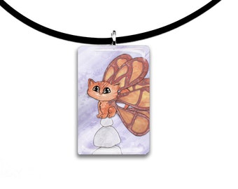 Pixie Cat, Orange Tabby cat, Fantasy art glass tile pendant, Angel, fairy cat, orange tabby kitten