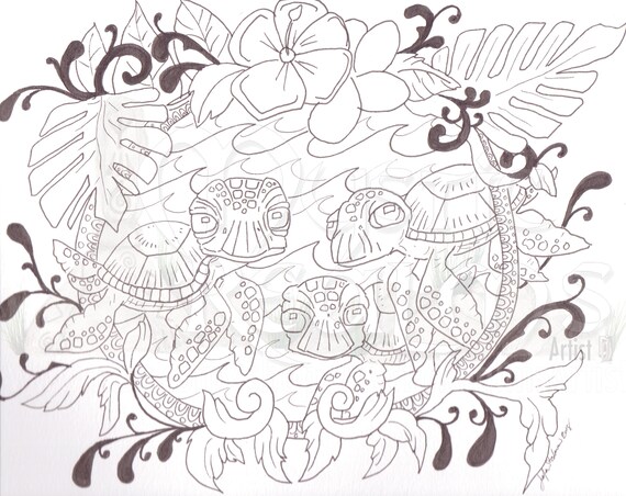 sea turtle family coloring page download sea turtles love tattoo style  art beach art sea theme tropical hawaii style