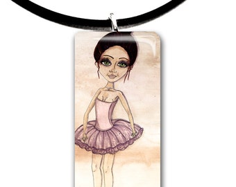 Ballerina pendant, ballet, dancer, hand painted watercolor, art print, big eyes girl pendant, pink tutu, natural tones, tan and pink