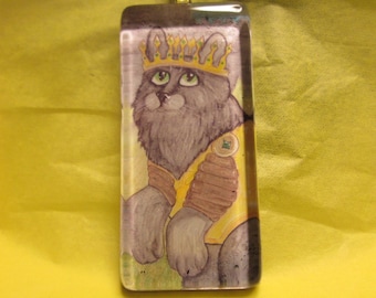 Fluffy, long haired Black cat, Fantasy art glass tile pendant, adorable cat, gray cat, Armor, Knight,