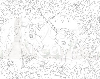 Narwhal and Unicorn art, floral art, DIY, Unicorn coloring page, download, Unicorn, big eyes, fantasy art, cute Narwhal whale