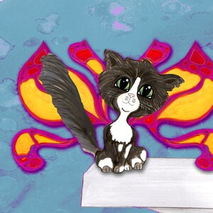 May include: A whimsical illustration of a black and white cat with large green eyes. The cat is sitting in front of a colorful, stylized butterfly with pink, orange, and yellow wings against a blue background.